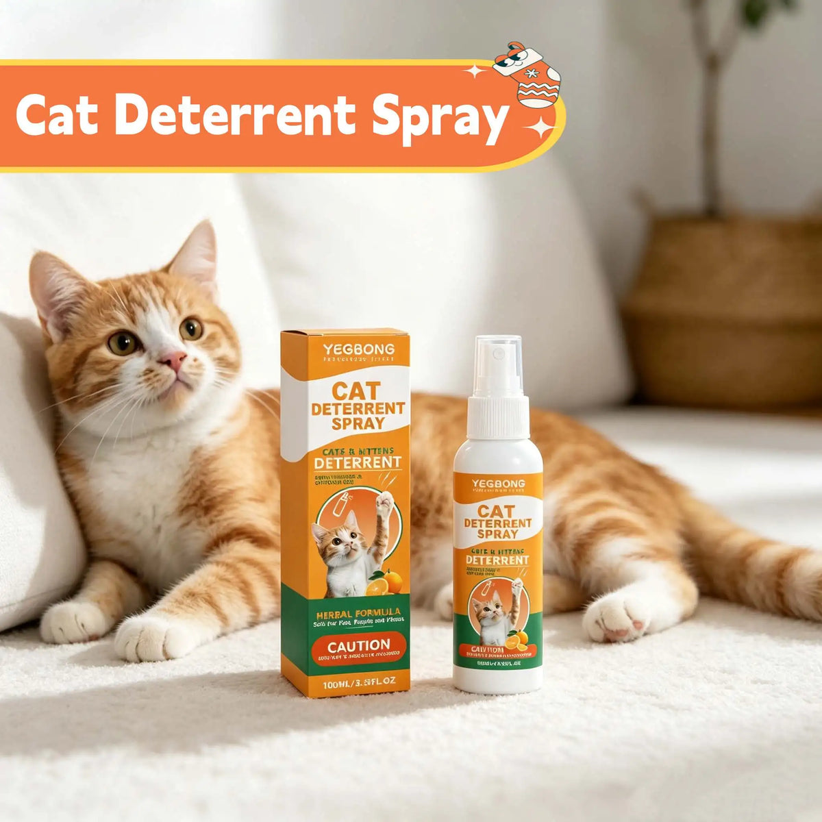 A bottle of Cat Deterrent Spray is shown next to a ginger cat on a white couch.
