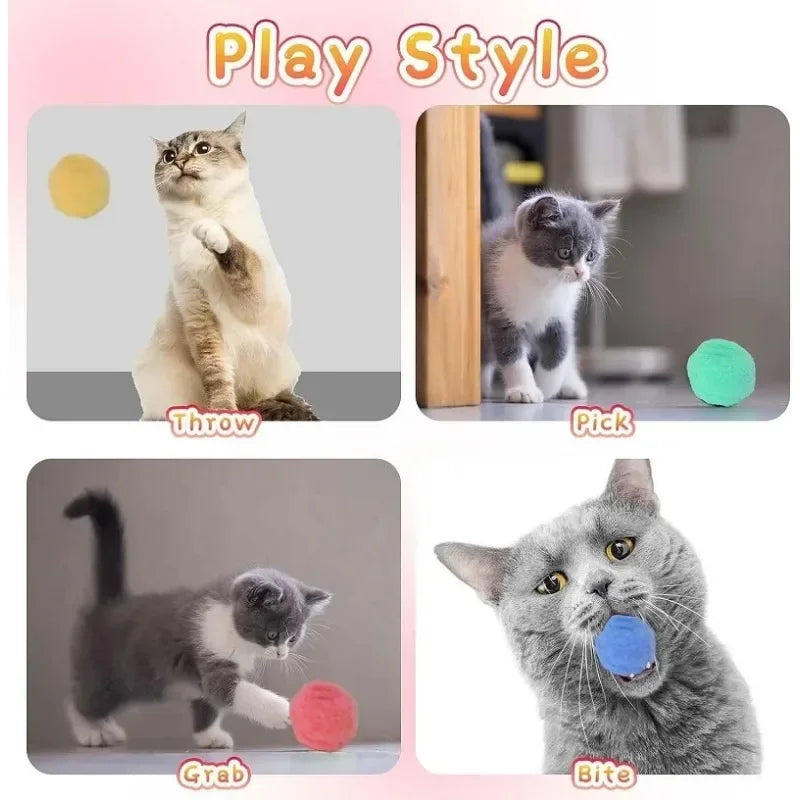 A cat playing with various soft plush balls including throwing, picking up, grabbing, and biting.