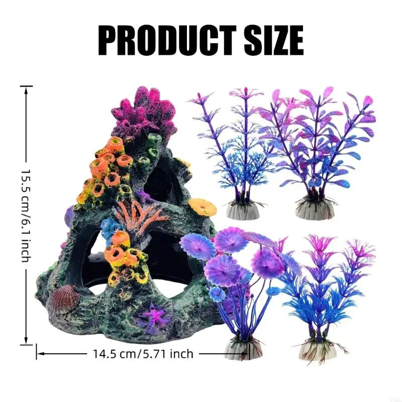 A set of resin fish tank ornaments featuring colorful coral reef life, including purple and blue sea flora.