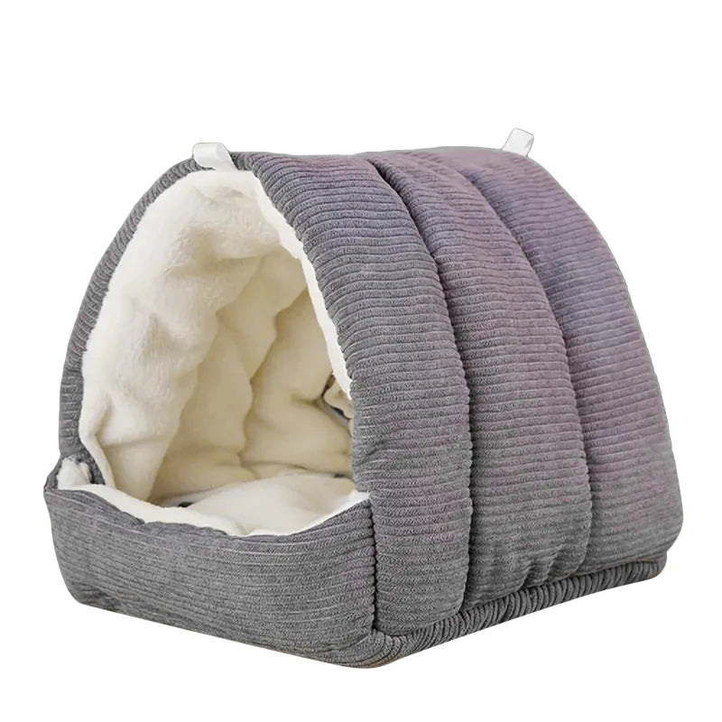 A gray, quilted cozy cotton bird nest designed for winter comfort.