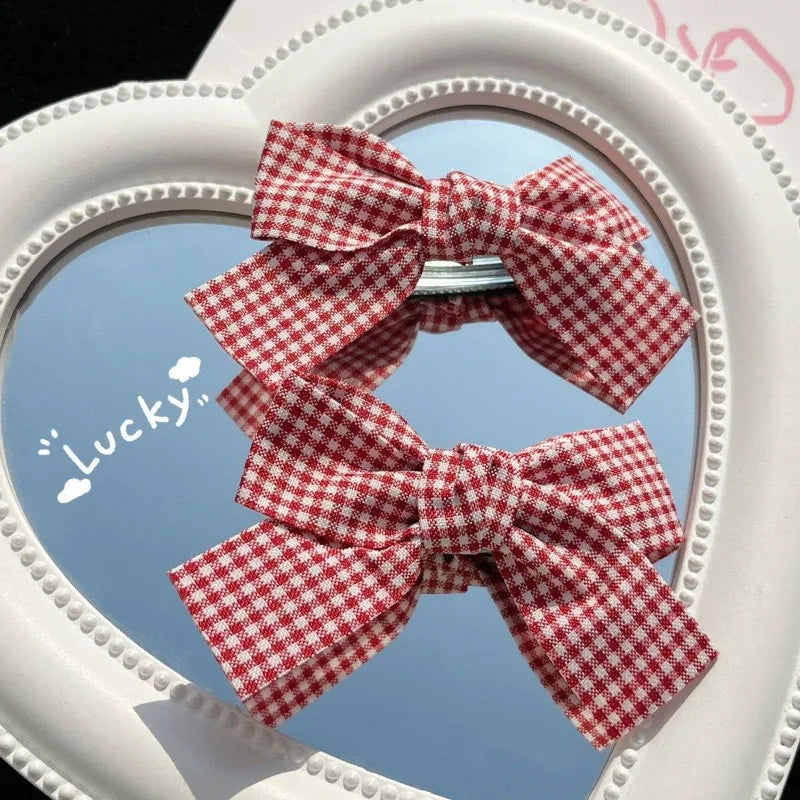 Red Plaid Fabric Bow Hair Clips for Girls