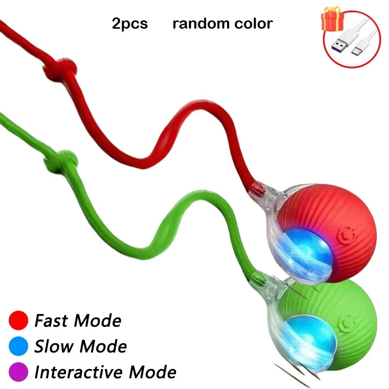 Two flexible silicone toys in red and green with LED lights and a ball, showing different modes.