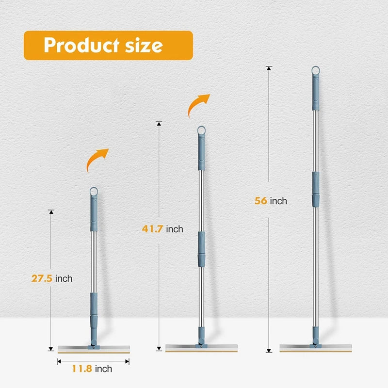 Diagram showing the size of an adjustable long-handle pet hair remover tool with various length options.