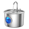 Stainless steel automatic cat water fountain with a silver spout and blue light feature
