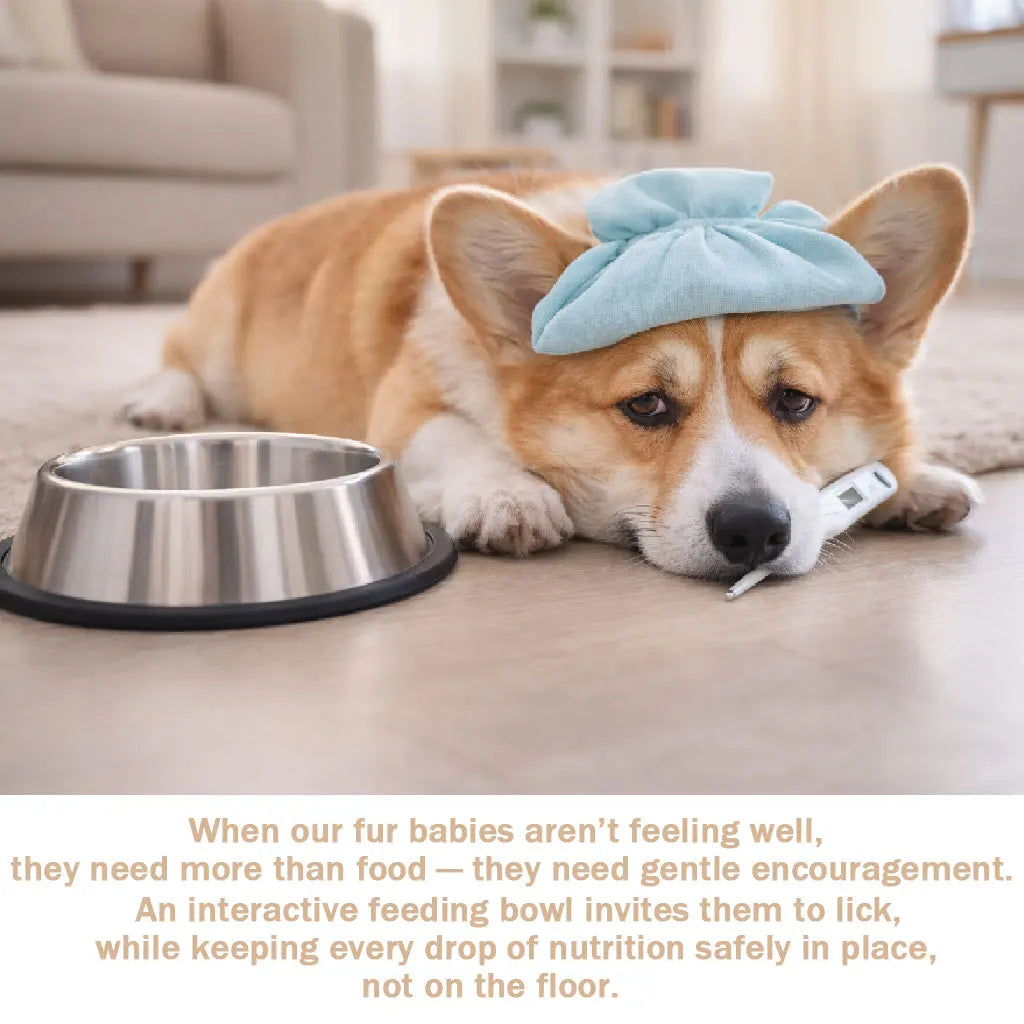 An orange and white dog lies next to a stainless steel slow feeder bowl on a light surface.
