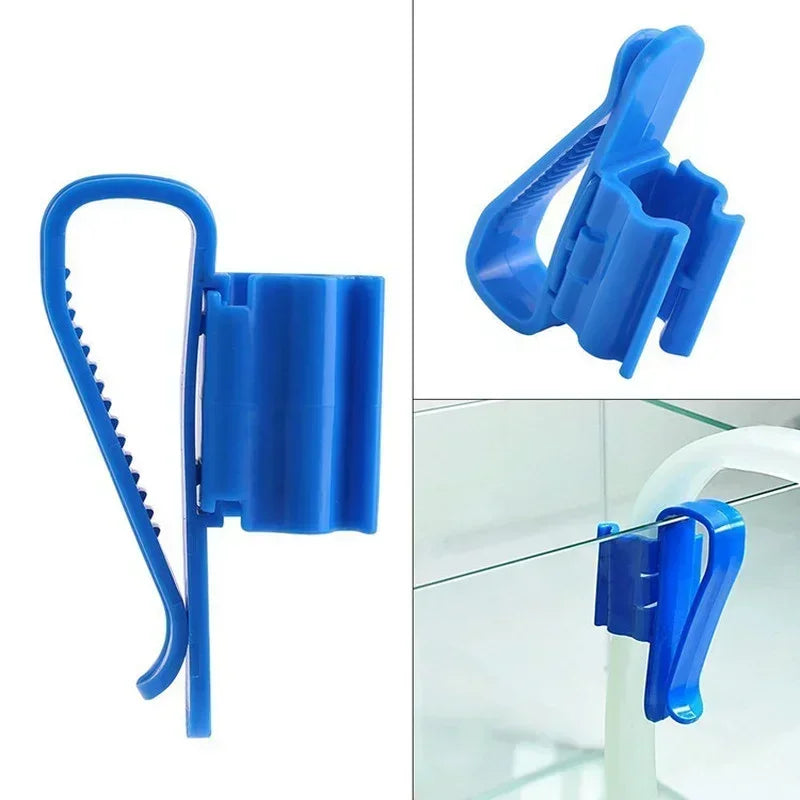 Blue aquarium siphon hose clip shown in multiple views and close-up.