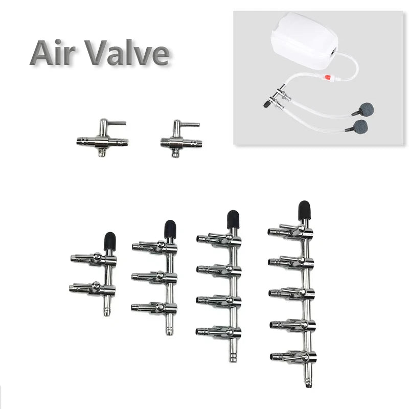 A white 5-way aquarium air flow splitter valve with multiple tubing connections.