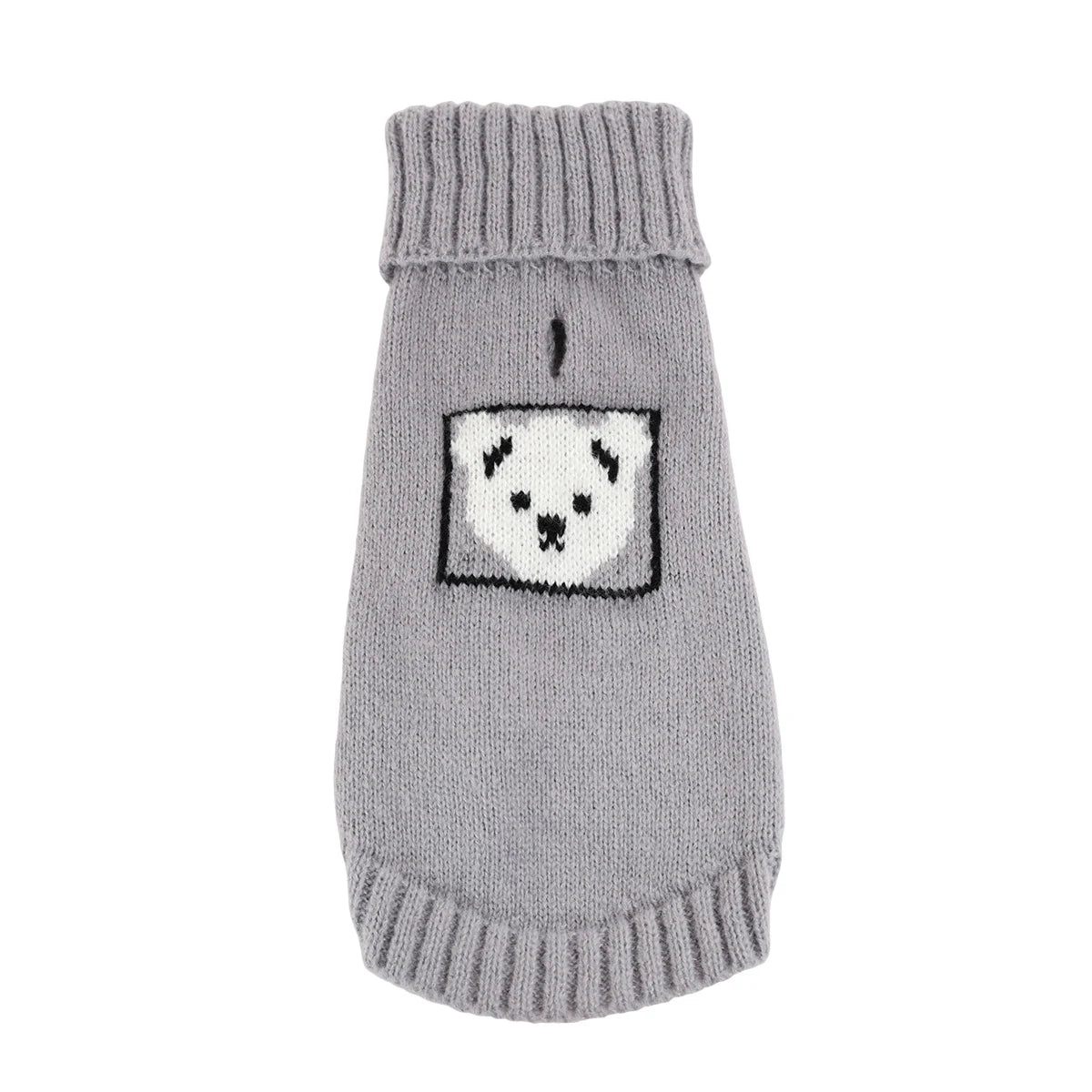 A light gray knitted sweater for a dog featuring a black embroidered face design.