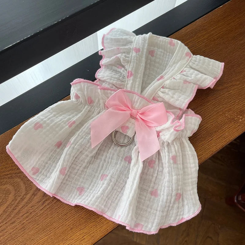 Strawberry Print Dog Dress with Bow for Small Breeds