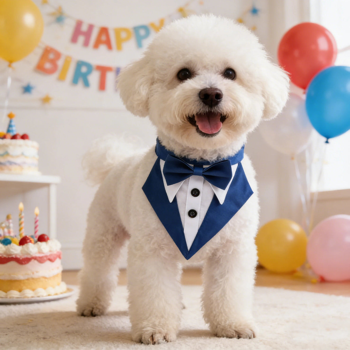 A fluffy white dog wearing a blue bowtie and bandana standing on a rug with birthday balloons in the background.