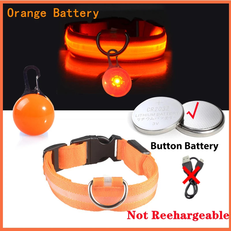 Orange battery and button battery components for a non-rechargeable LED dog collar with safety pendant