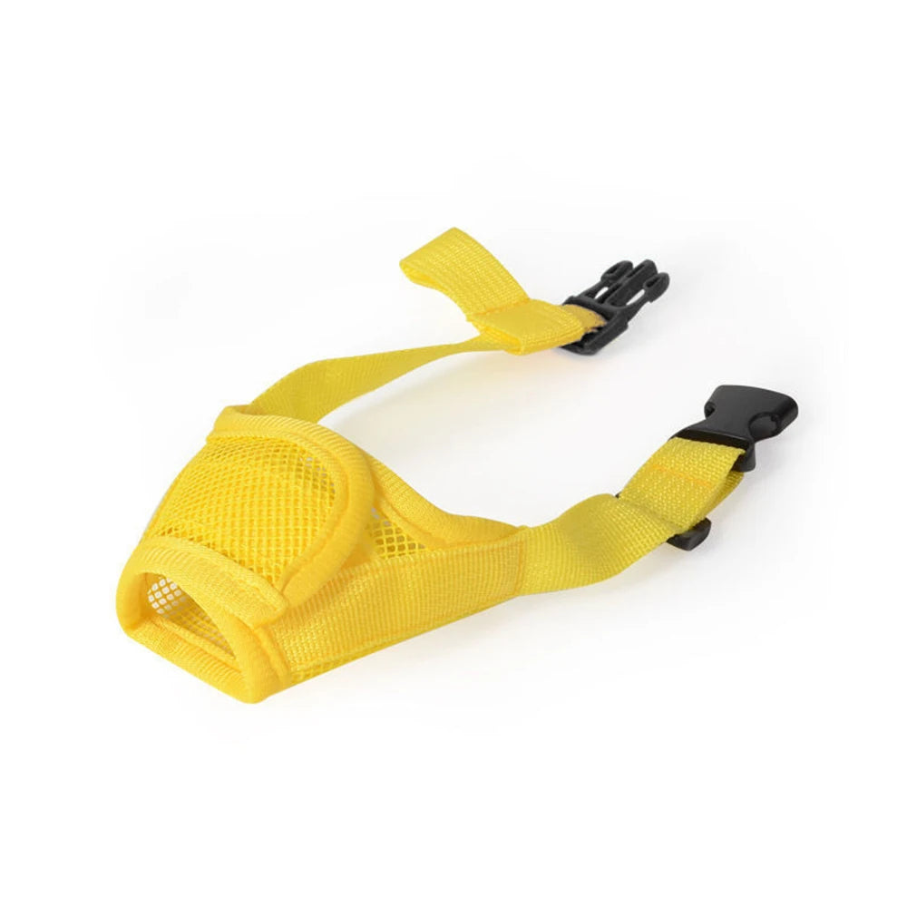 Yellow adjustable breathable dog muzzle with black fastening clips