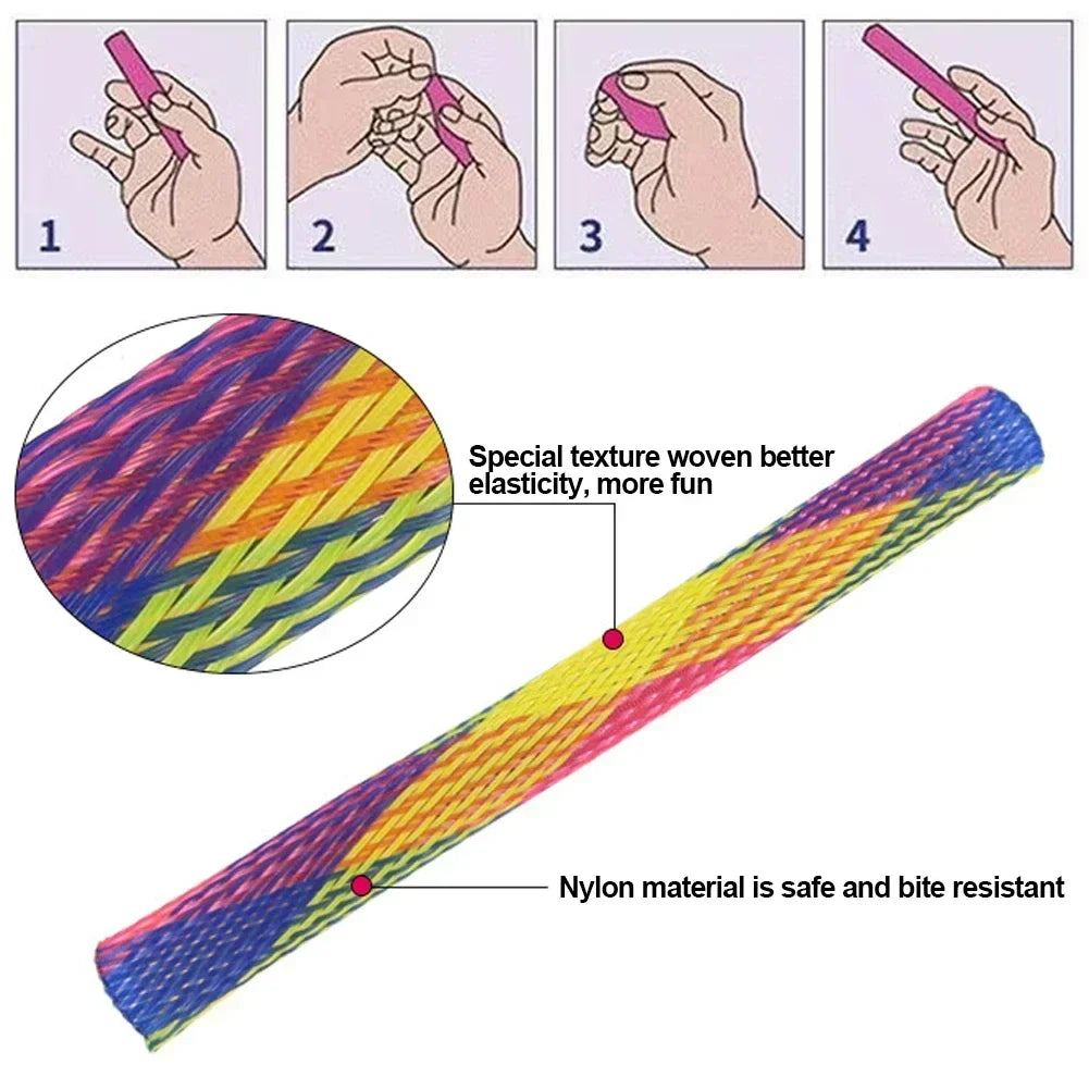 A long, flexible nylon material toy with a special texture woven for elasticity and fun.