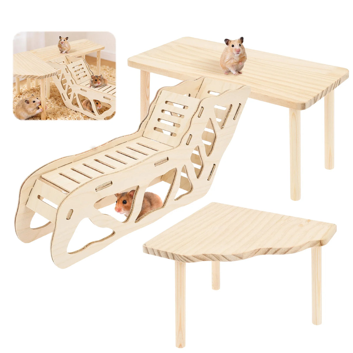 Ensemble d'escalade en bois pour hamster avec rampe et perchoir pour petits animaux.