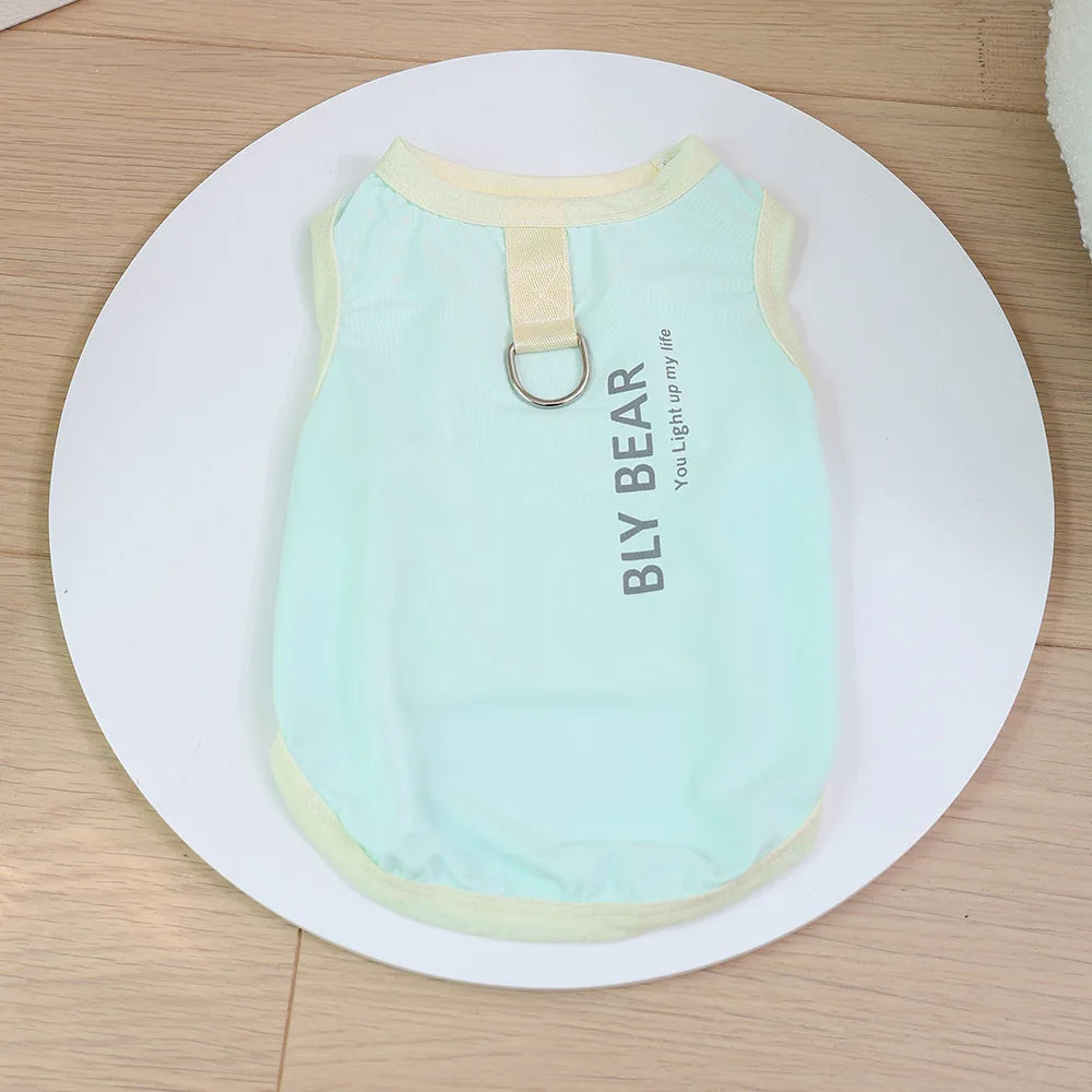 Light mint green cooling dog vest with a gold-colored strap and the text 'BLY BEAR'