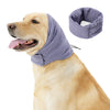 A golden retriever wearing a purple calming hoodie and ear covers for anxiety relief.