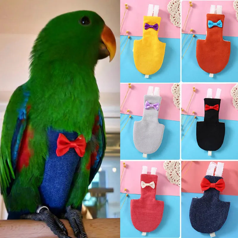 A green parrot wearing a red bow tie flight suit diaper, shown next to various colored bird diapers.