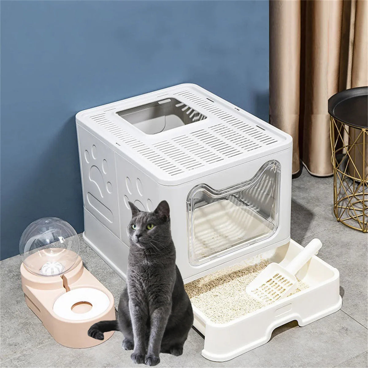 Foldable Cat Litter Box with Front Entry, Top Exit, and Drawer Tray