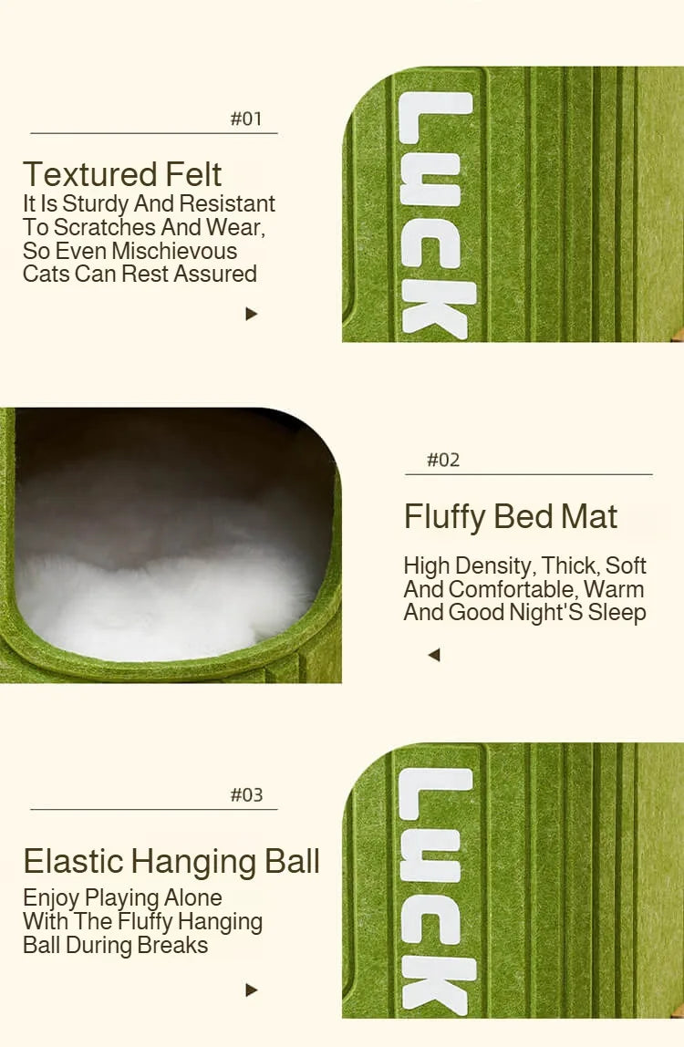 بيت قطط مغلق شتوي مع فتحة شجرة ولوح خدش متعدد الطبقات