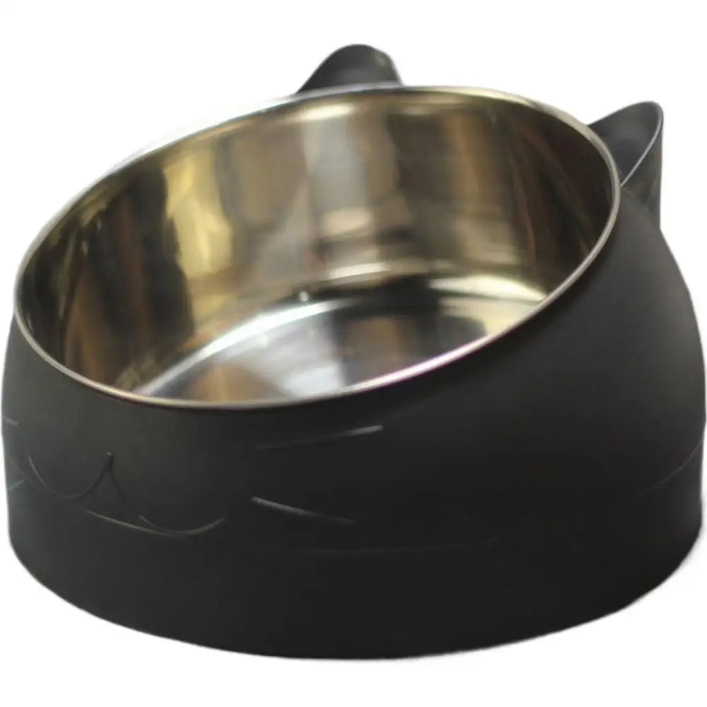 A black ergonomic stainless steel pet bowl with a shiny inner surface and a non-slip base.