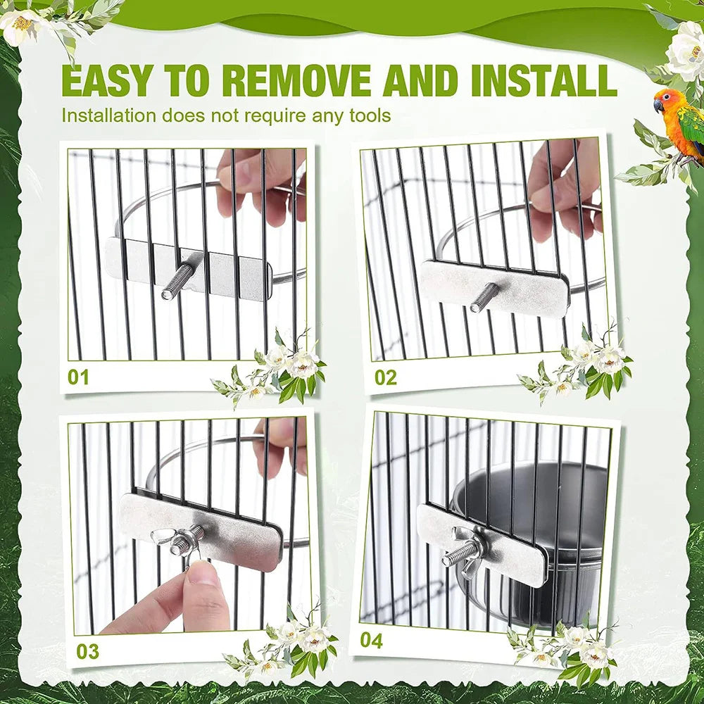Four steps showing how to easily remove and install a stainless steel hanging bird bowl on a cage.