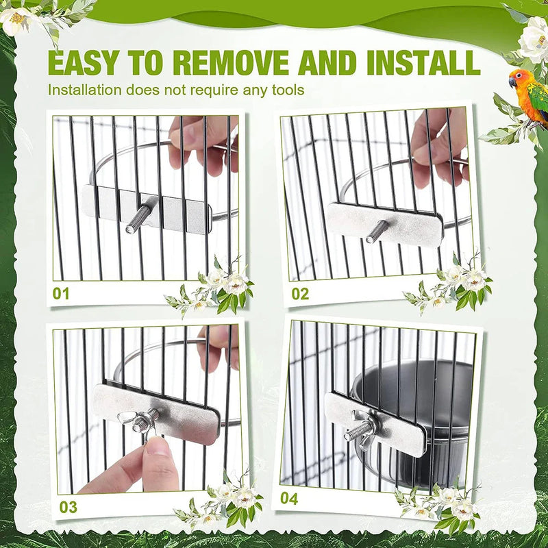 وعاء طعام للطيور من الفولاذ المقاوم للصدأ مع حامل معلّق للقفص