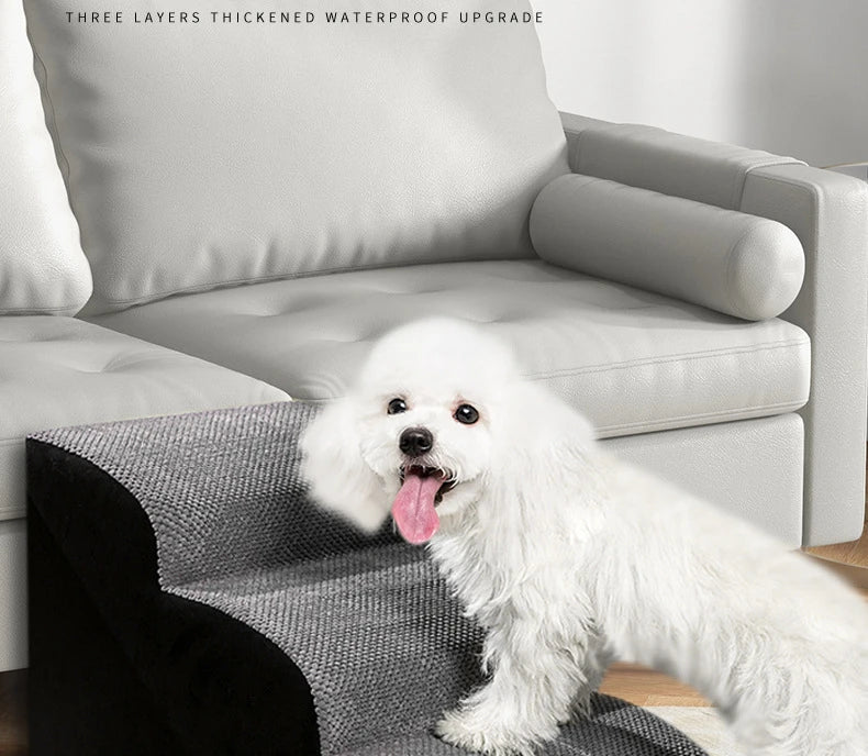 A fluffy white dog is standing on a gray pet ramp next to a light gray sofa.