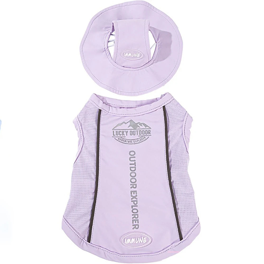 Light purple breathable mesh cooling vest for dogs and cats with a sun protection cap