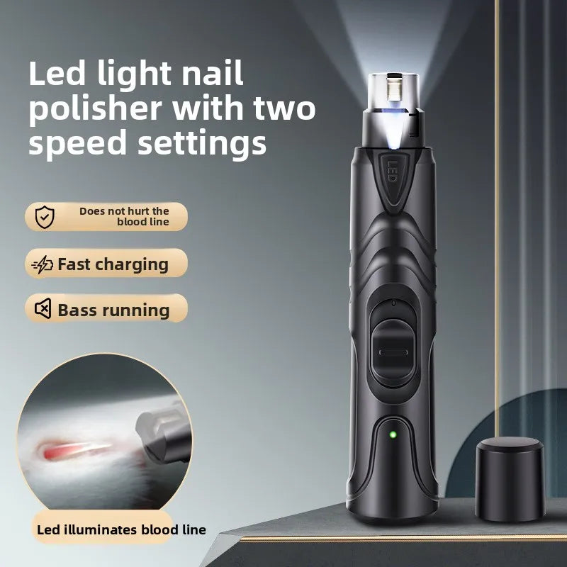 Un polisseur à ongles LED noir avec deux réglages de vitesse, à côté d'un accessoire rond séparé.