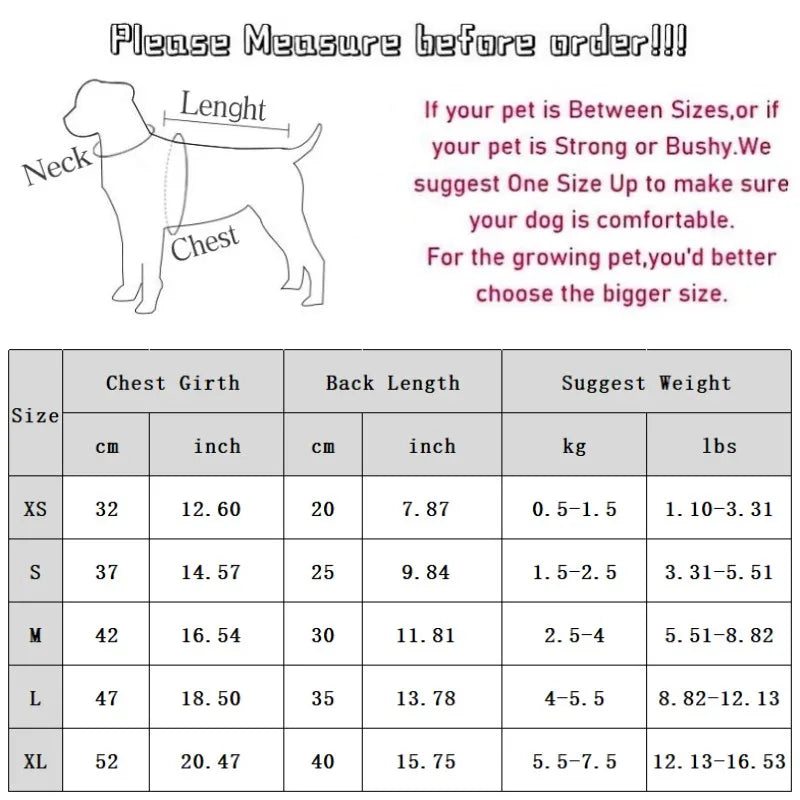 A size chart for a Luxury Plaid Knit Sweater for Dogs showing measurements in centimeters and inches for various sizes.