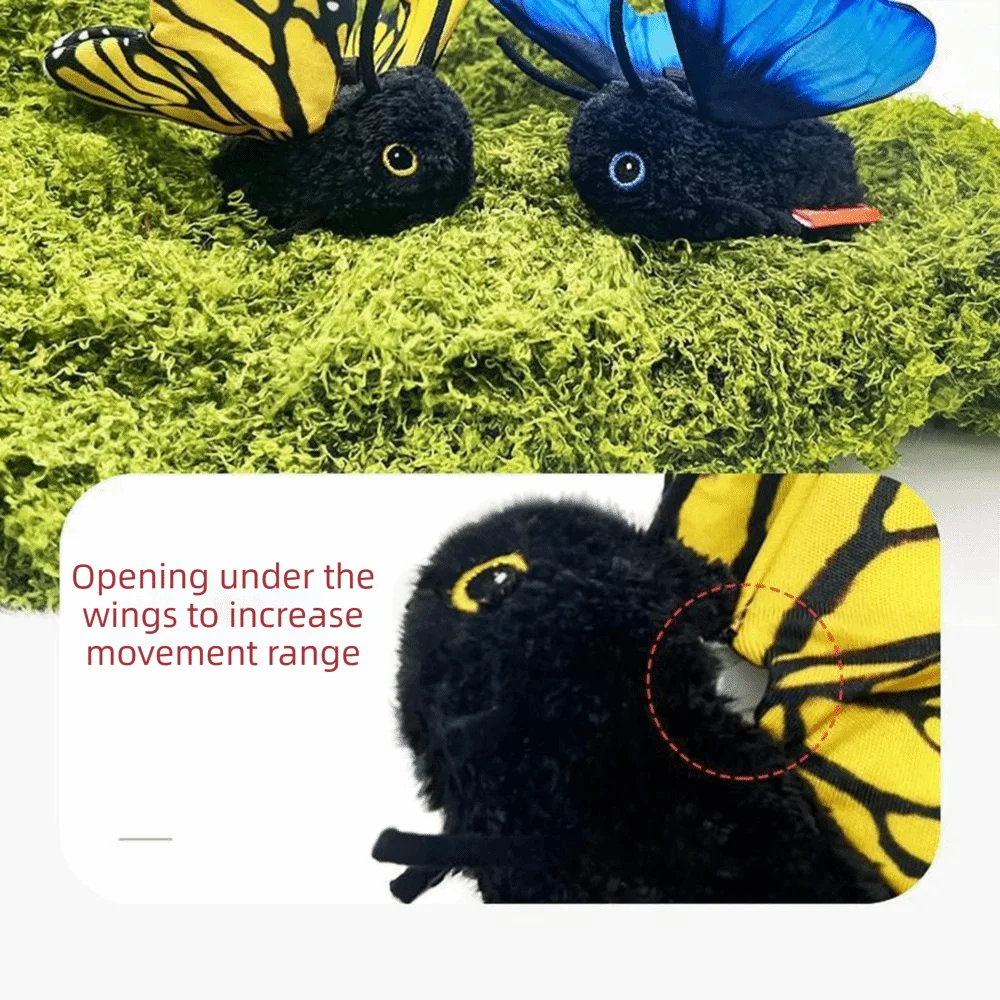 A black cat toy with yellow butterfly wings is shown opening under the wings to increase movement range.