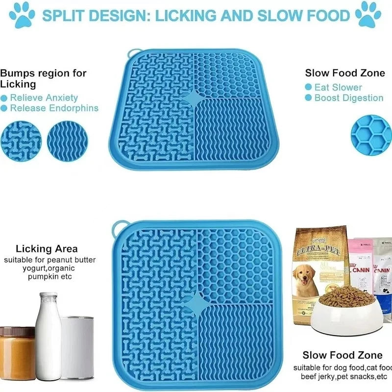 Blue silicone pet licking mat with suction cups designed for slow food feeding and digestion.
