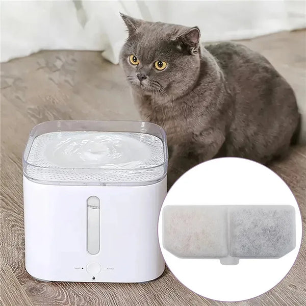 A small gray cat sits next to a white water fountain with a replacement filter shown in an inset.
