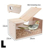 A wooden bird breeding box with a transparent viewing panel and a slanted lid, showing interior dimensions.