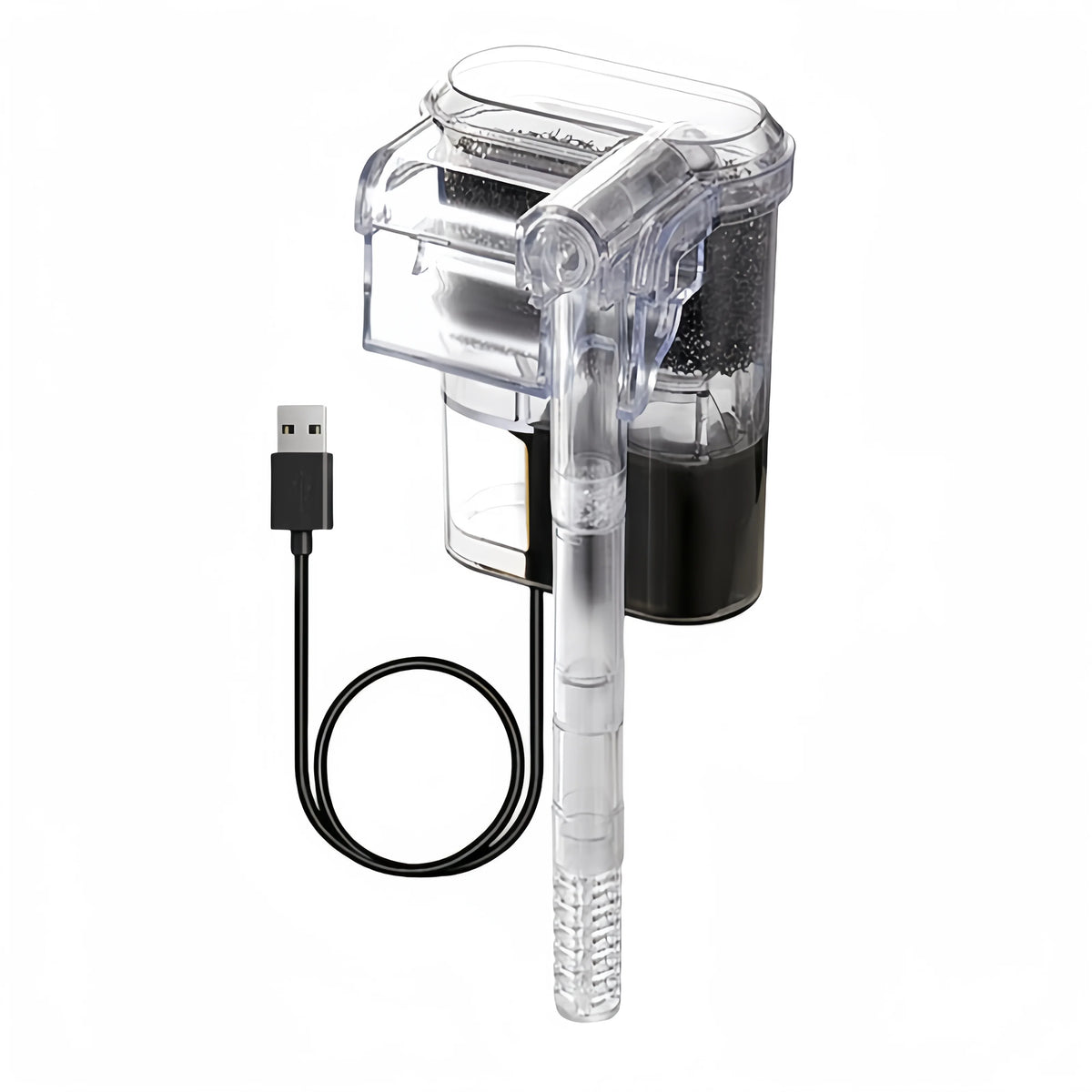 A clear, USB-powered mini aquarium filter with a long tube and a black connector.