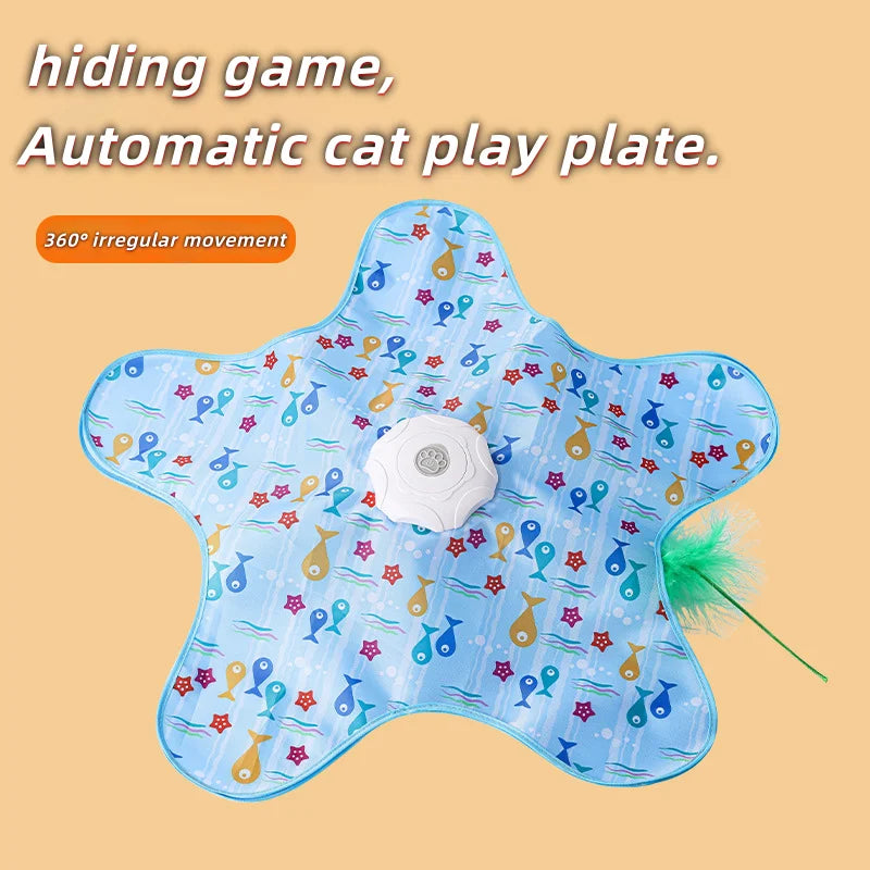 Assiette de jeu pour chat en silicone bleue avec mouvement irrégulier et jouet blanc sur fond clair.