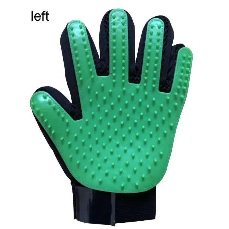 A green silicone pet grooming glove with a black cuff and textured fingertips.