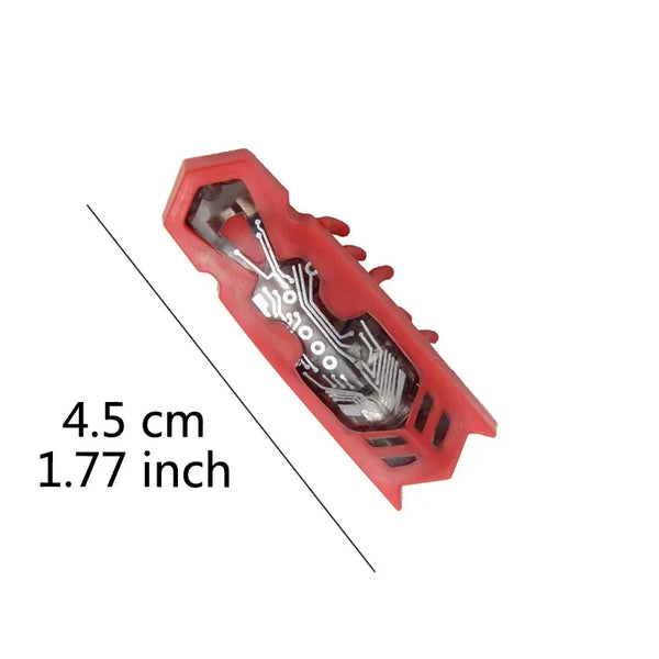 A red electric catnip bug toy with internal mechanisms shown from the side.