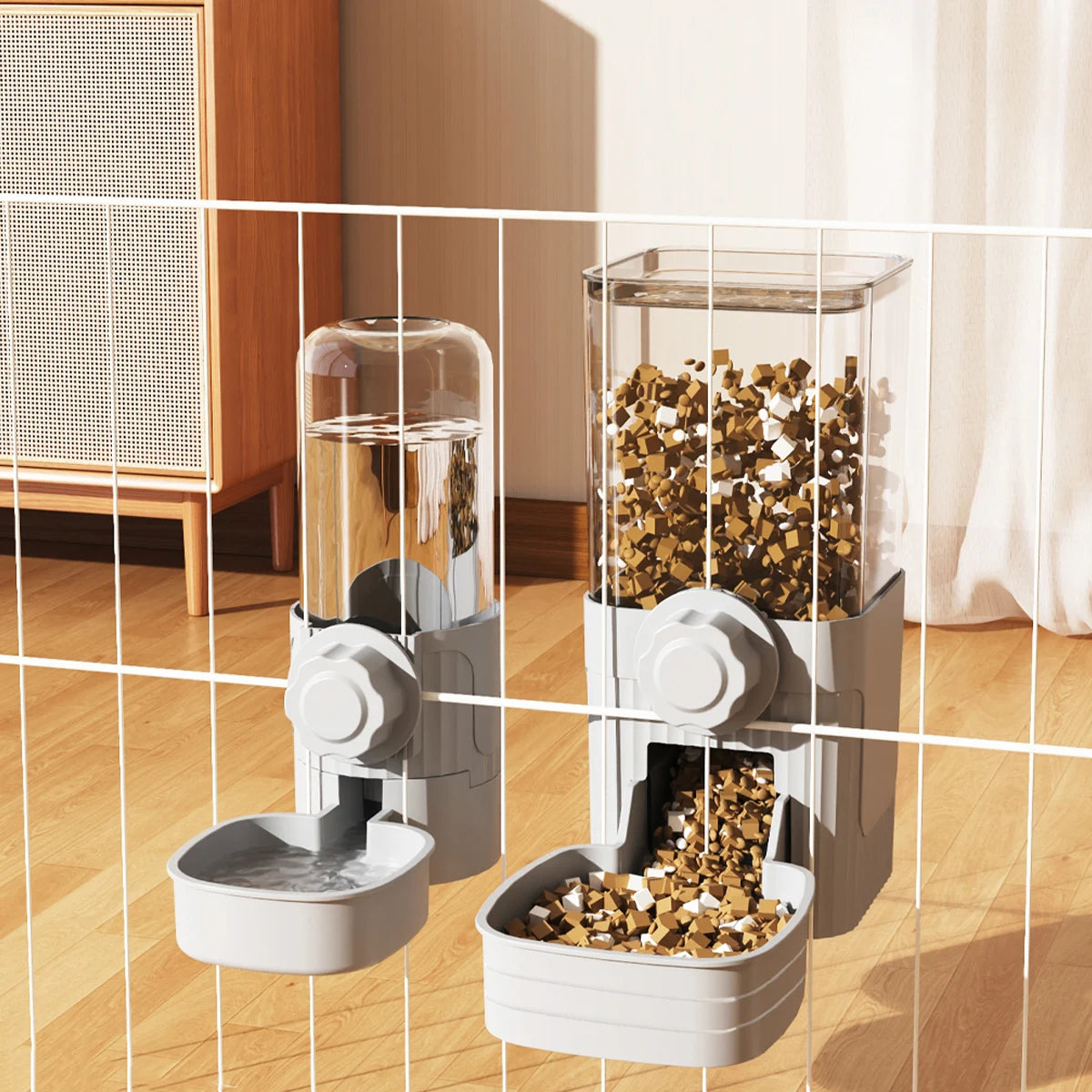 A white automatic pet feeder waterer for dogs and cats is shown on a wooden floor.