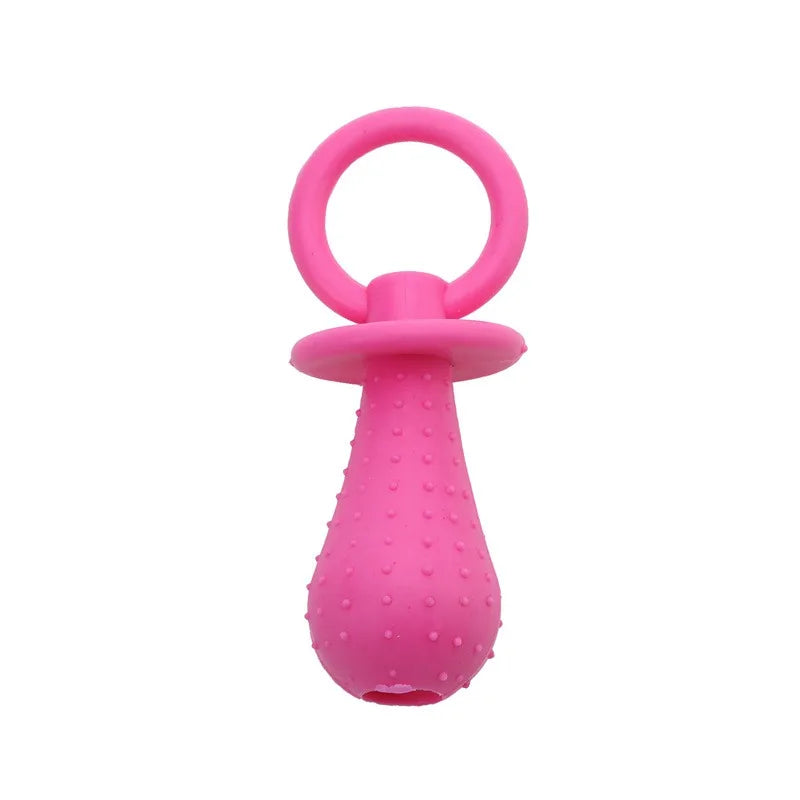 Pink rubber pacifier chew toy with a dental cleaning texture