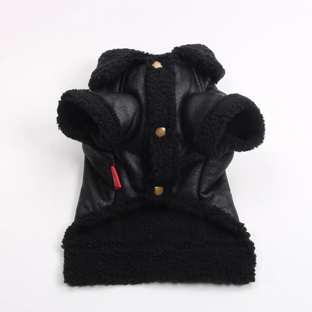 Black faux leather dog coat with a fleece lining and buttons