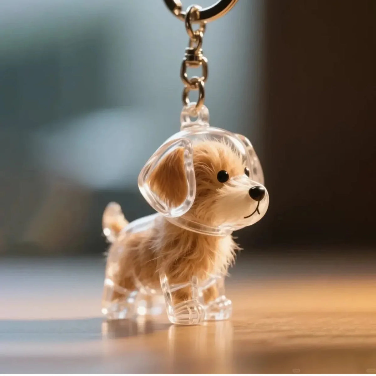 Petite figurine de chien brun clair avec rangement pour poils transparent fixé à une clé USB dorée.