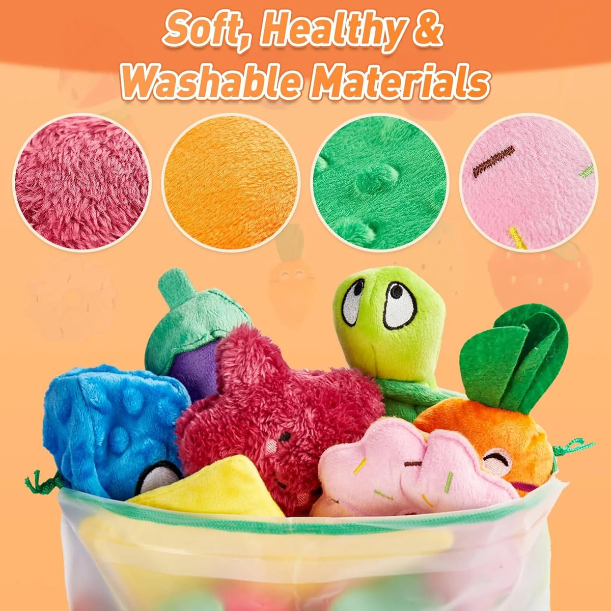 A collection of 20 soft, washable plush toys shaped like fruit and animals for dogs.