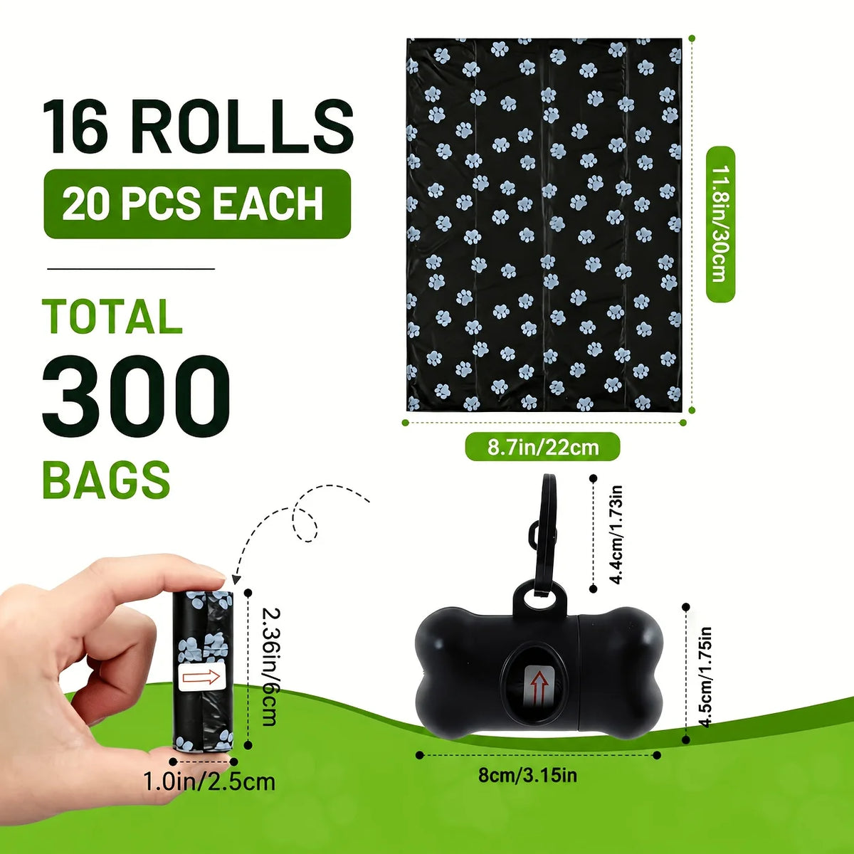 Pet Waste Bags with Dispenser - 320 Count, 16 Rolls Plus Free Leash Clip Holder