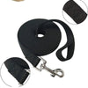 Black nylon dog training leash with a solid color long lead and metal clip.