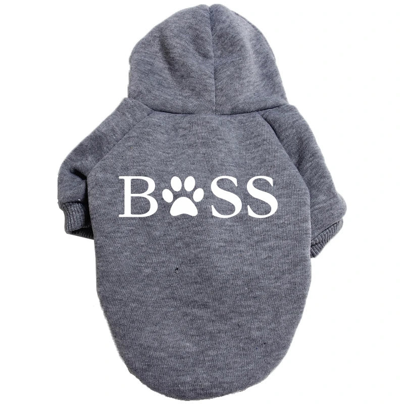 A gray cozy fleece hoodie with the word BOSS embroidered on the back.