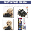 Instructions d'utilisation montrant un chien et une paire de bottes avec du spray anti-morsure pour animaux de compagnie.