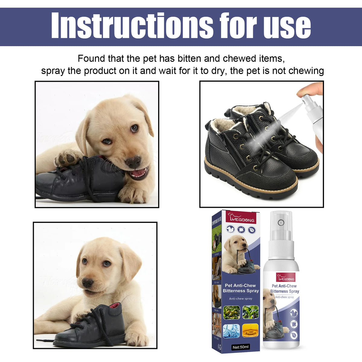 Instructions d'utilisation montrant un chien et une paire de bottes avec du spray anti-morsure pour animaux de compagnie.