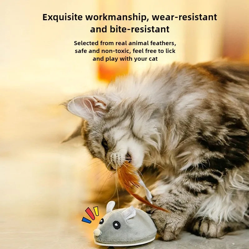 A tabby cat is playing with an organic feather toy designed for cats.