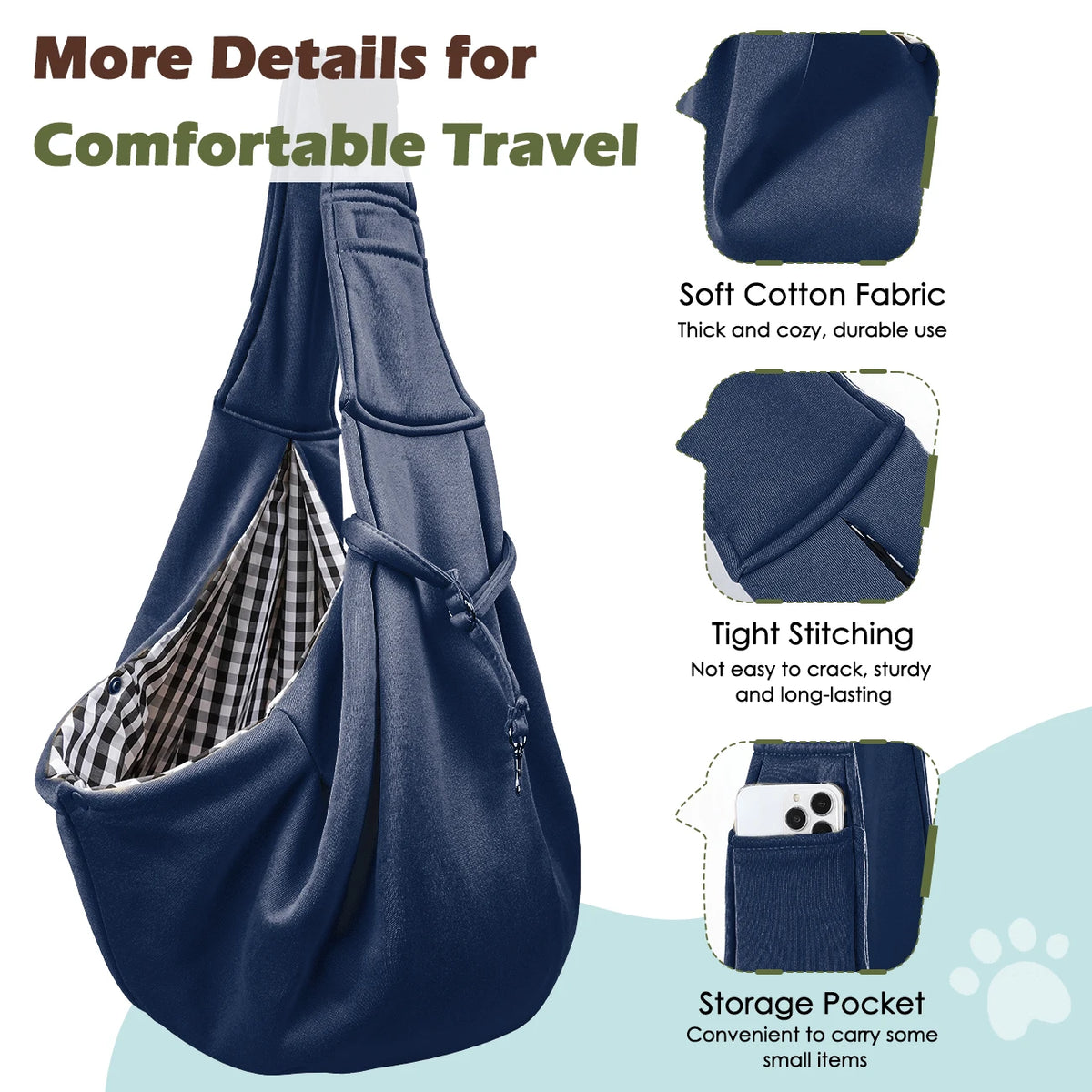 A navy blue fabric dog sling carrier with a storage pocket and tight stitching shown in detail.